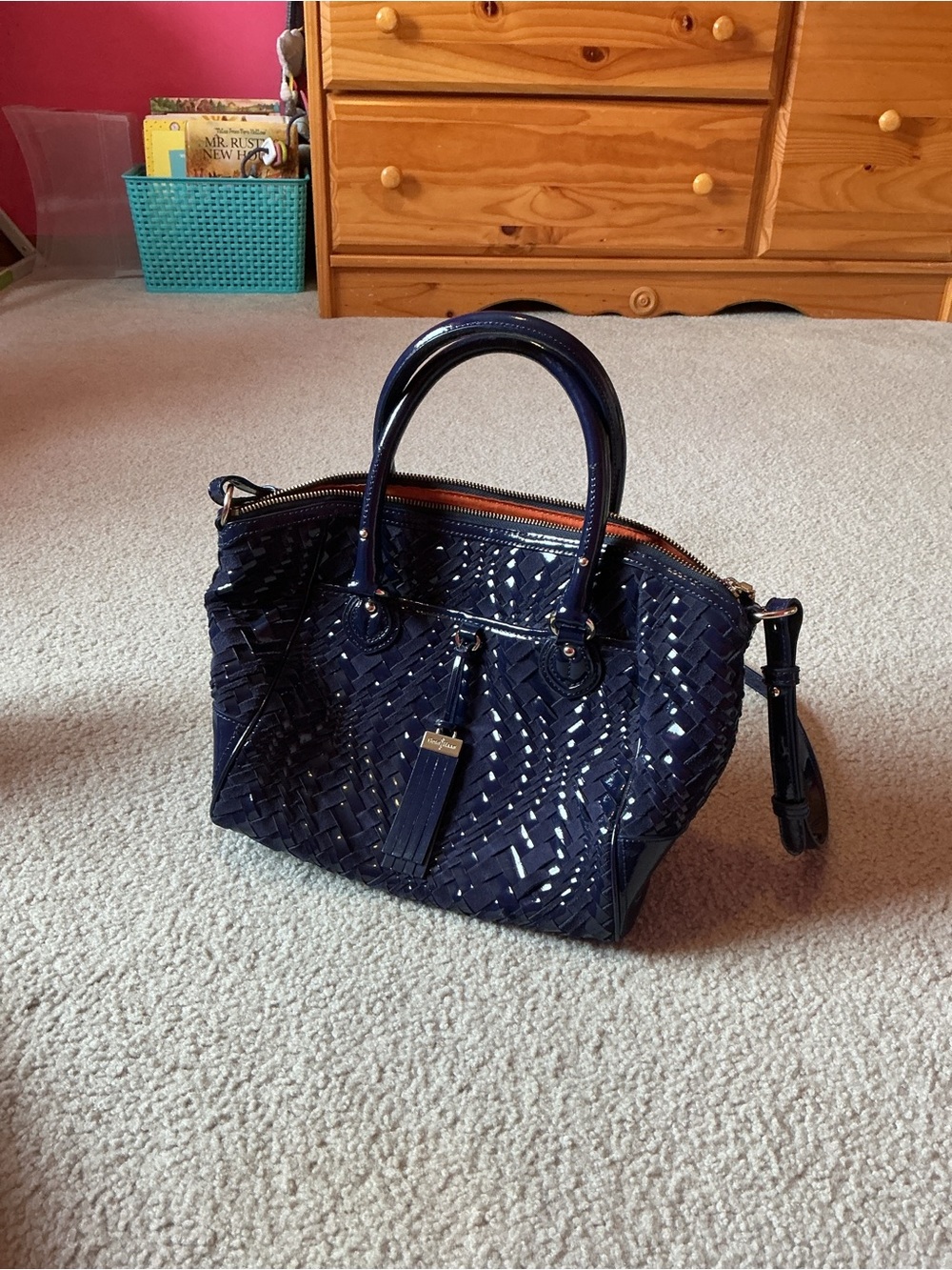Cole Haan Navy Patent leather shoulder Bag with Orange Lining. - Picture 2 of 5